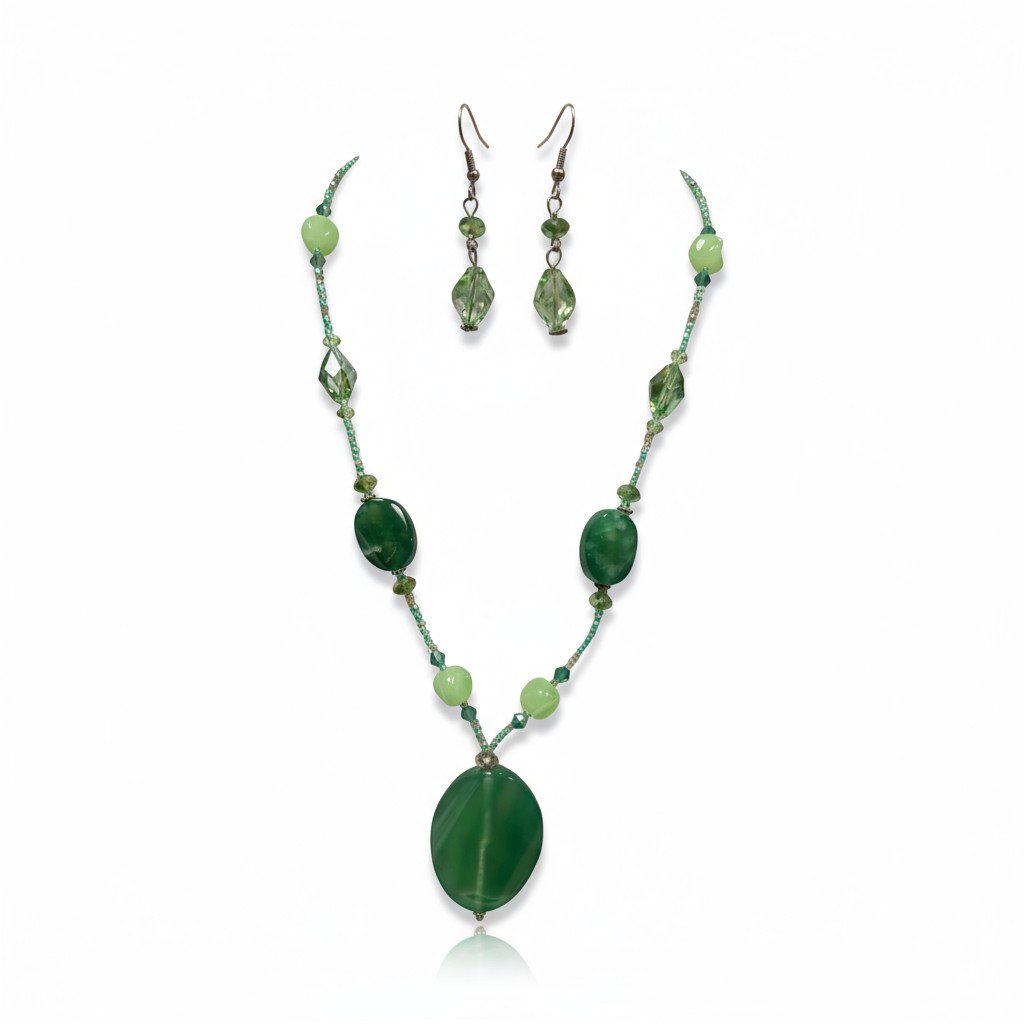 Multi Green Glass Bead Oval Shape Glasspendant Necklace Earring Set